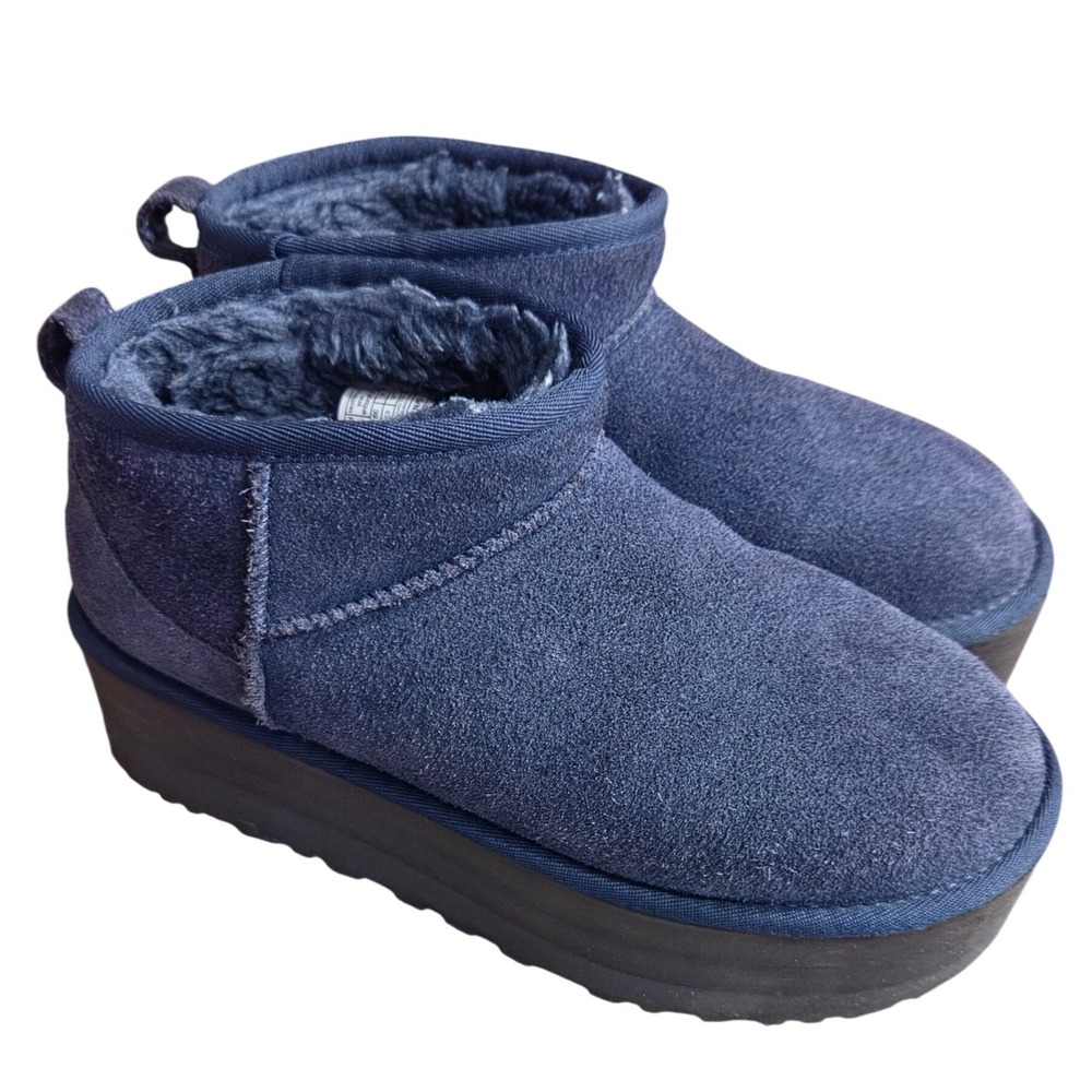 UGG Classic Ultra Mini Platform Nightfall Navy Suede Boots 8 Shearling Boho Norm